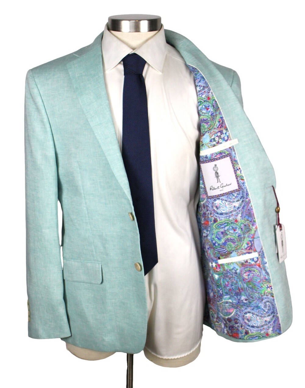 Robert Graham Light Teal Linen Suit Jacket 44 R Mens Modern Fit